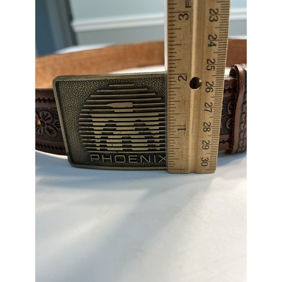 Vintage Brown Floral Embossed Leather Belt w Phoenix Bird Belt Buckle Marked 38 - Picture 13 of 14